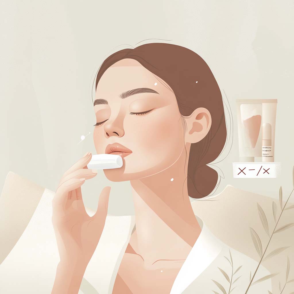 Illustration d'une femme appliquant un produit hydratant sur ses lèvres, accompagnée de soins cosmétiques en arrière-plan.